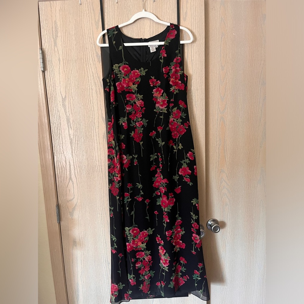 Black Midi A-Line Dress with Red Floral